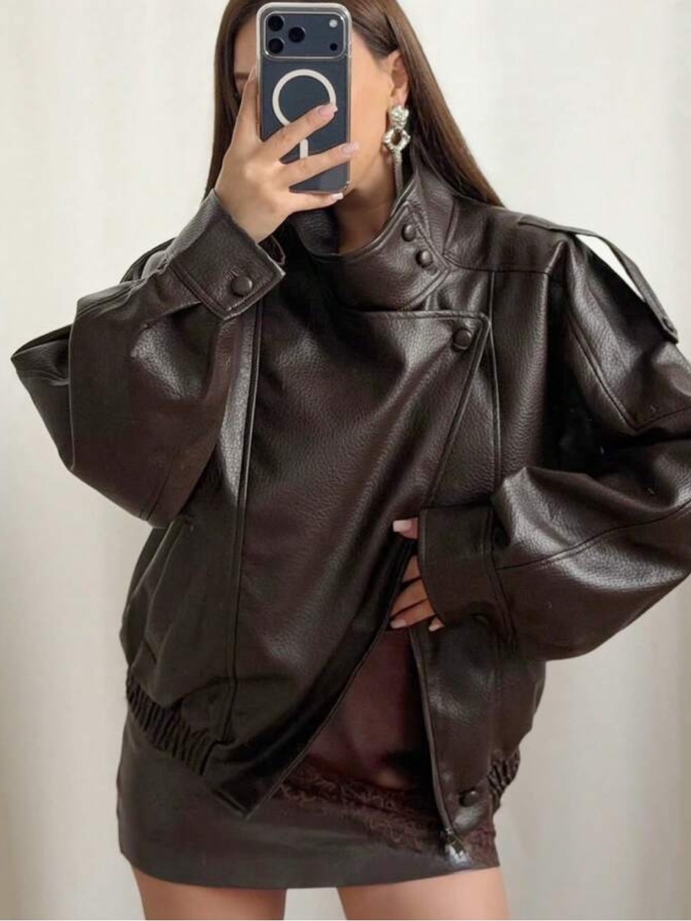 SHEIN Dark Brown Oversized Faux Leather Jacket